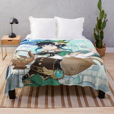 Genshin Impact Venti Dvalin And Wolf Of The North Official Artwork Throw Blanket